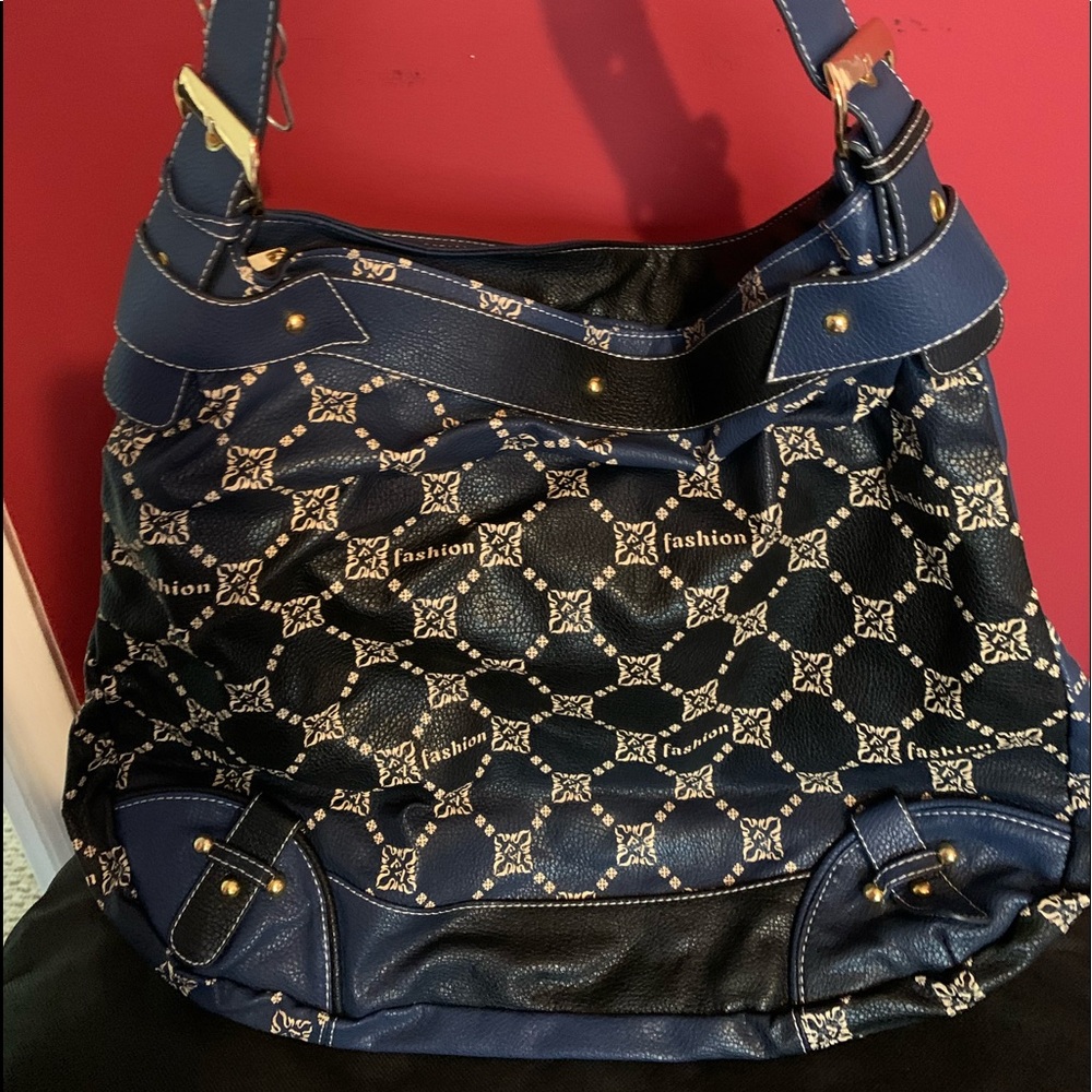 Leather tote bag, beautiful blue with tan accents